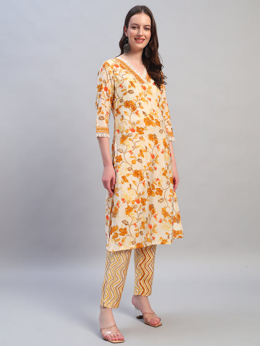 Women Printed Mustard V-Neck 3/4th Sleeves Kurti Plazzo Set