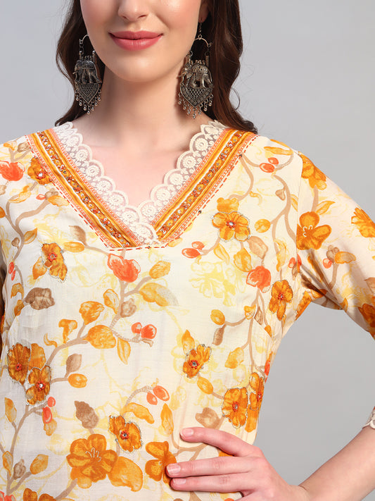 Women Printed Mustard V-Neck 3/4th Sleeves Kurti Plazzo Set