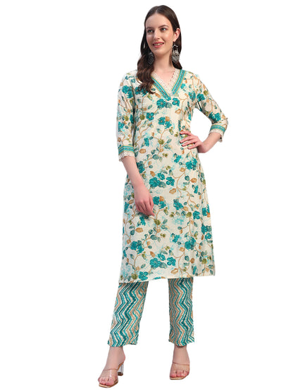 Women Printed Blue V-Neck 3/4th Sleeves Kurti Plazzo Set