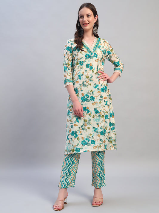 Women Printed Blue V-Neck 3/4th Sleeves Kurti Plazzo Set
