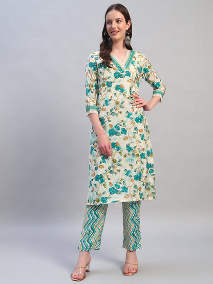 Women Printed Blue V-Neck 3/4th Sleeves Kurti Plazzo Set