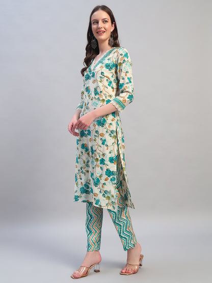 Women Printed Blue V-Neck 3/4th Sleeves Kurti Plazzo Set