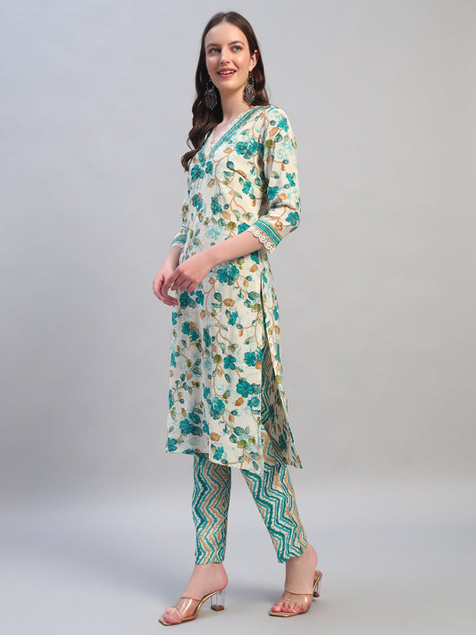 Women Printed Blue V-Neck 3/4th Sleeves Kurti Plazzo Set