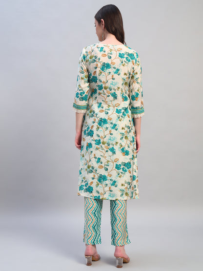 Women Printed Blue V-Neck 3/4th Sleeves Kurti Plazzo Set