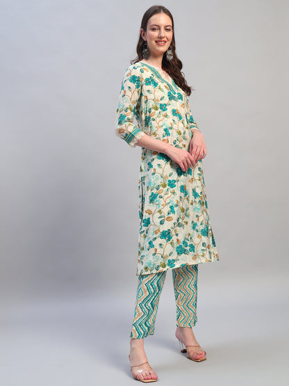Women Printed Blue V-Neck 3/4th Sleeves Kurti Plazzo Set