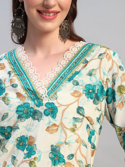 Women Printed Blue V-Neck 3/4th Sleeves Kurti Plazzo Set