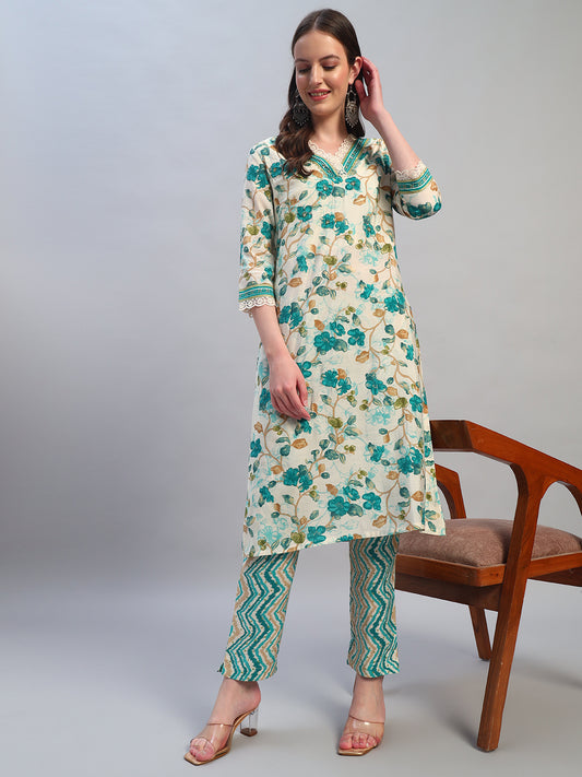 Women Printed Blue V-Neck 3/4th Sleeves Kurti Plazzo Set