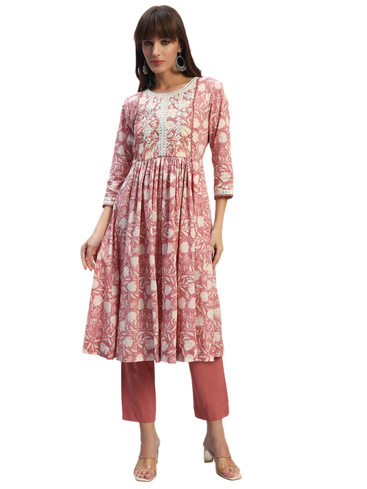 Women's Printed Pink Round Neck 3/4th Sleeves Casual Kurti Plazo Set