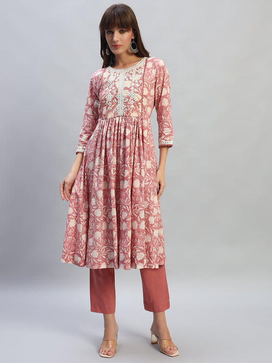 Women's Printed Pink Round Neck 3/4th Sleeves Casual Kurti Plazo Set