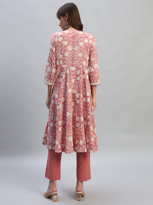 Women's Printed Pink Round Neck 3/4th Sleeves Casual Kurti Plazo Set