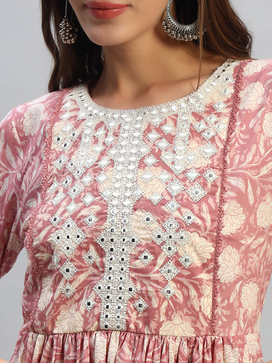 Women's Printed Pink Round Neck 3/4th Sleeves Casual Kurti Plazo Set