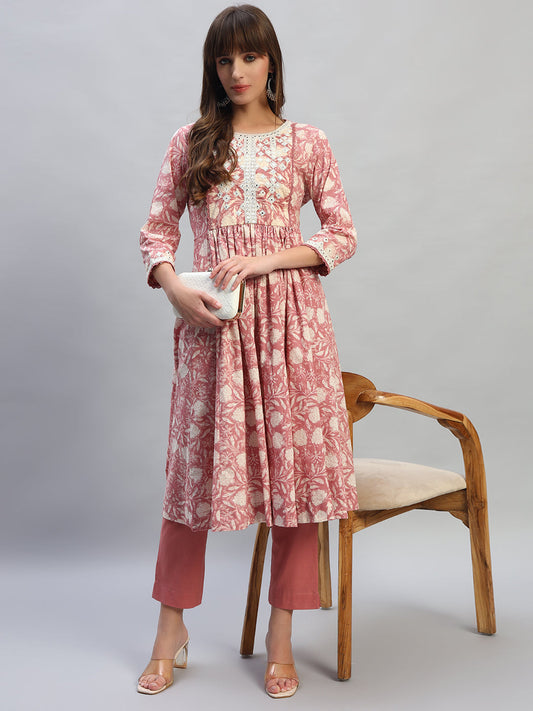 Women's Printed Pink Round Neck 3/4th Sleeves Casual Kurti Plazo Set