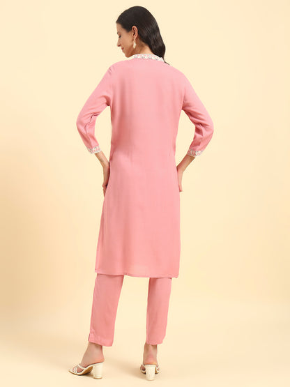 Women's Pink Embroidery 3/4th Sleeve V-Neck Kurti Plazo Set