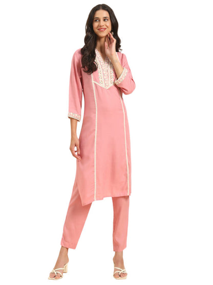 Women's Pink Embroidery 3/4th Sleeve V-Neck Kurti Plazo Set