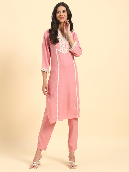 Women's Pink Embroidery 3/4th Sleeve V-Neck Kurti Plazo Set