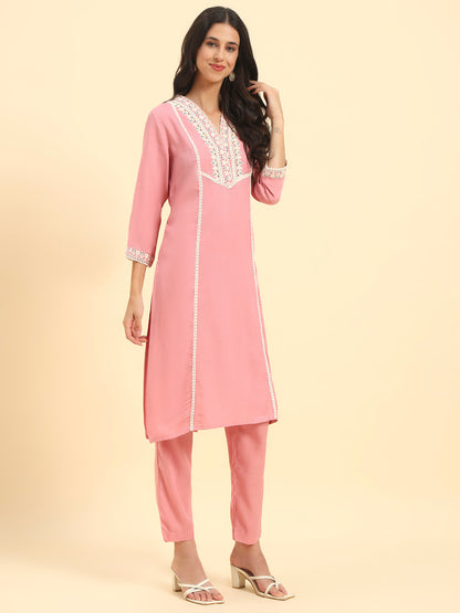 Women's Pink Embroidery 3/4th Sleeve V-Neck Kurti Plazo Set