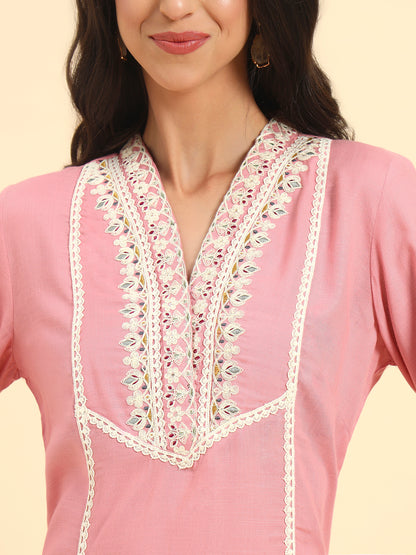Women's Pink Embroidery 3/4th Sleeve V-Neck Kurti Plazo Set