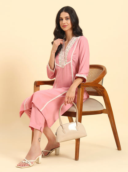Women's Pink Embroidery 3/4th Sleeve V-Neck Kurti Plazo Set