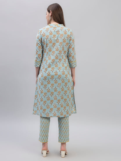 Women's Sky Blue Printed 3/4th Sleeves Round Neck Casual Kurti Plazo Set