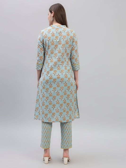 Women's Sky Blue Printed 3/4th Sleeves Round Neck Casual Kurti Plazo Set