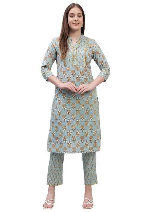 Women's Sky Blue Printed 3/4th Sleeves Round Neck Casual Kurti Plazo Set