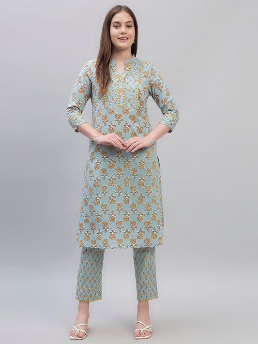 Women's Sky Blue Printed 3/4th Sleeves Round Neck Casual Kurti Plazo Set