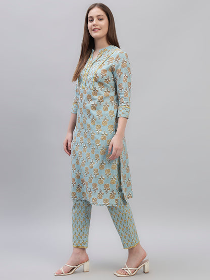 Women's Sky Blue Printed 3/4th Sleeves Round Neck Casual Kurti Plazo Set