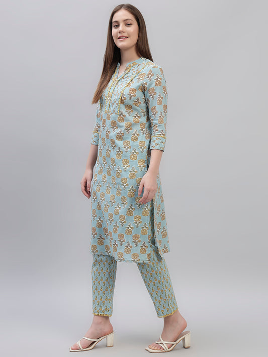 Women's Sky Blue Printed 3/4th Sleeves Round Neck Casual Kurti Plazo Set