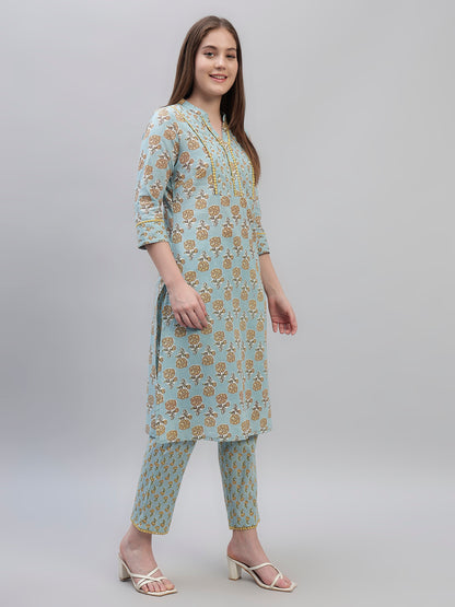 Women's Sky Blue Printed 3/4th Sleeves Round Neck Casual Kurti Plazo Set