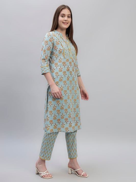 Women's Sky Blue Printed 3/4th Sleeves Round Neck Casual Kurti Plazo Set