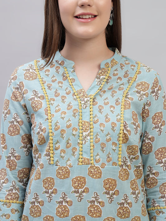 Women's Sky Blue Printed 3/4th Sleeves Round Neck Casual Kurti Plazo Set