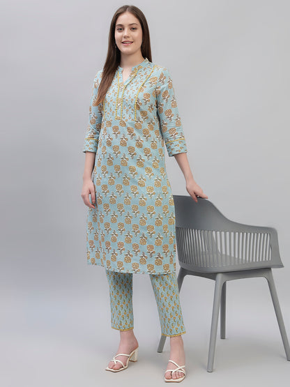 Women's Sky Blue Printed 3/4th Sleeves Round Neck Casual Kurti Plazo Set