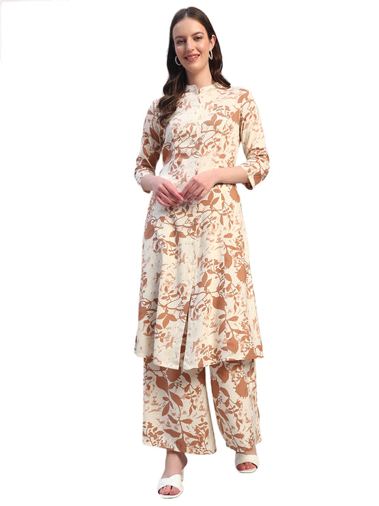 Women Printed Ivory Mandarin Neck 3/4th Sleeves Kurti Plazzo Set