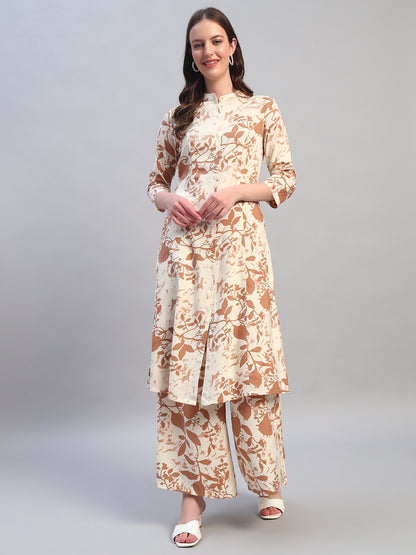 Women Printed Ivory Mandarin Neck 3/4th Sleeves Kurti Plazzo Set