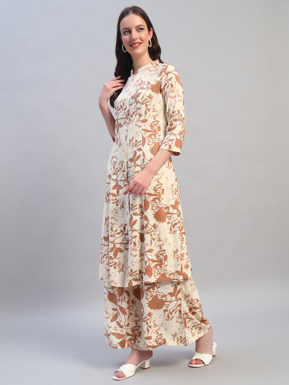 Women Printed Ivory Mandarin Neck 3/4th Sleeves Kurti Plazzo Set