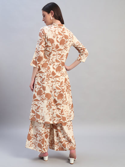 Women Printed Ivory Mandarin Neck 3/4th Sleeves Kurti Plazzo Set