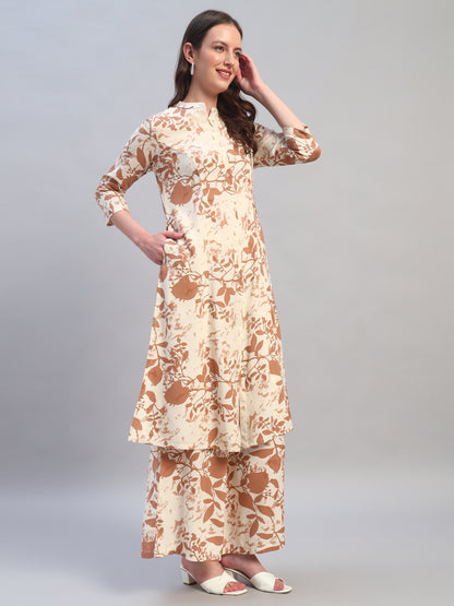 Women Printed Ivory Mandarin Neck 3/4th Sleeves Kurti Plazzo Set
