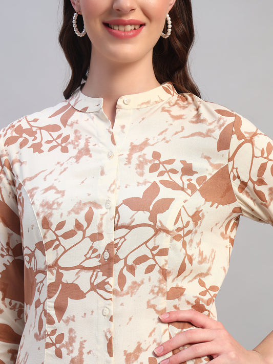 Women Printed Ivory Mandarin Neck 3/4th Sleeves Kurti Plazzo Set