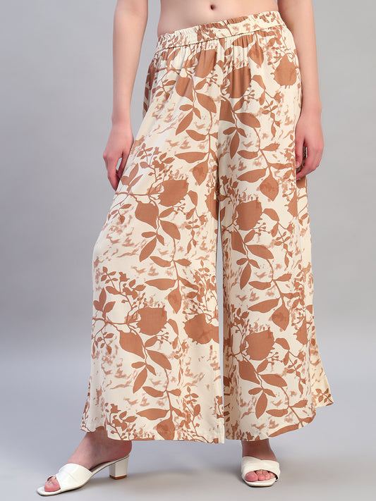 Women Printed Ivory Mandarin Neck 3/4th Sleeves Kurti Plazzo Set