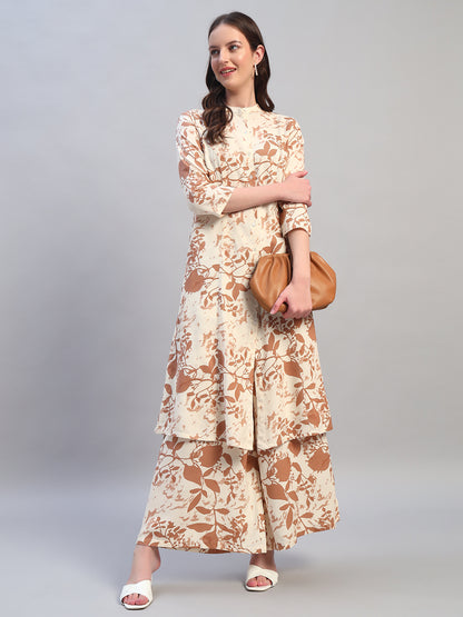 Women Printed Ivory Mandarin Neck 3/4th Sleeves Kurti Plazzo Set