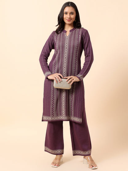Kurti Palazzo Set for Women | Winter Wear Mandarin Collar Acrylic Fabric Printed Pattern