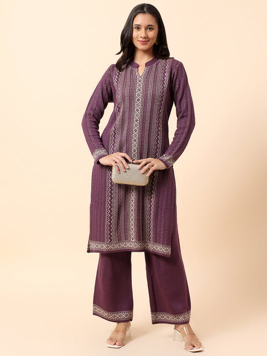 Kurti Palazzo Set for Women | Winter Wear Mandarin Collar Acrylic Fabric Printed Pattern
