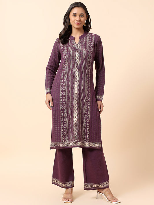 Kurti Palazzo Set for Women | Winter Wear Mandarin Collar Acrylic Fabric Printed Pattern