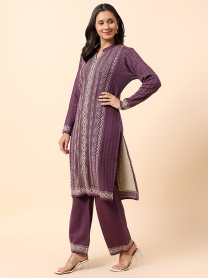 Kurti Palazzo Set for Women | Winter Wear Mandarin Collar Acrylic Fabric Printed Pattern