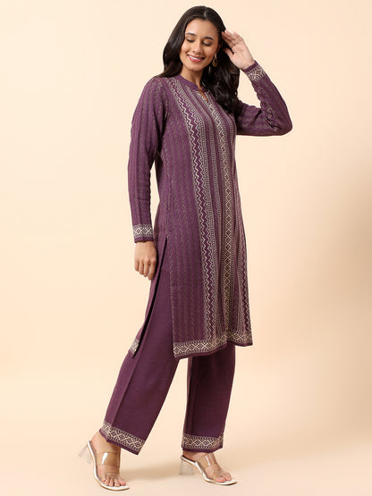 Kurti Palazzo Set for Women | Winter Wear Mandarin Collar Acrylic Fabric Printed Pattern