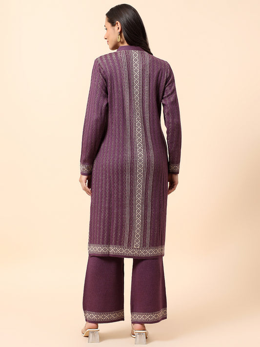 Kurti Palazzo Set for Women | Winter Wear Mandarin Collar Acrylic Fabric Printed Pattern