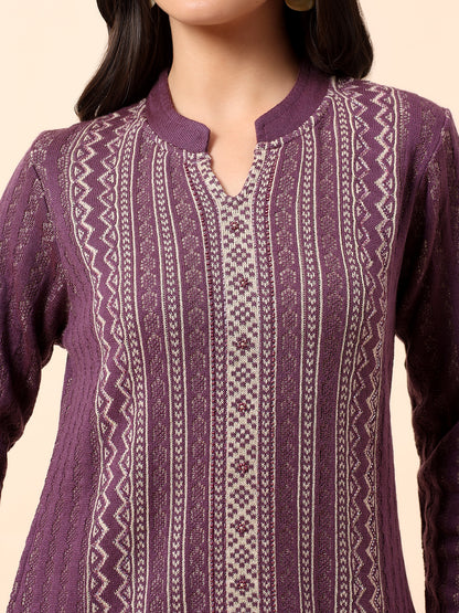 Kurti Palazzo Set for Women | Winter Wear Mandarin Collar Acrylic Fabric Printed Pattern