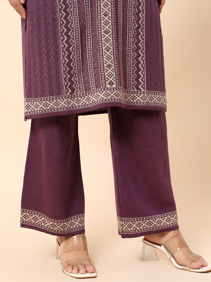 Kurti Palazzo Set for Women | Winter Wear Mandarin Collar Acrylic Fabric Printed Pattern