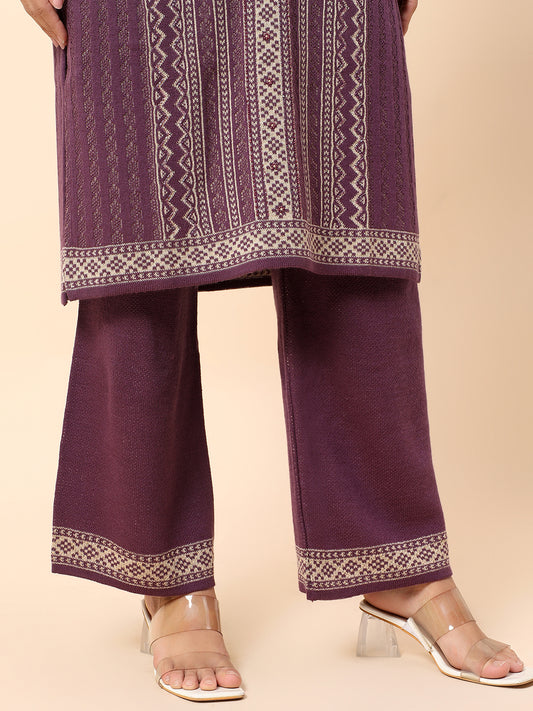 Kurti Palazzo Set for Women | Winter Wear Mandarin Collar Acrylic Fabric Printed Pattern