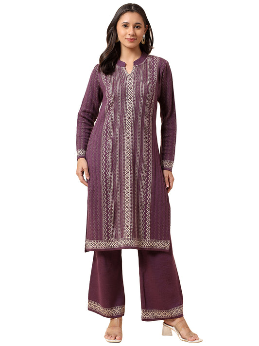 Kurti Palazzo Set for Women | Winter Wear Mandarin Collar Acrylic Fabric Printed Pattern